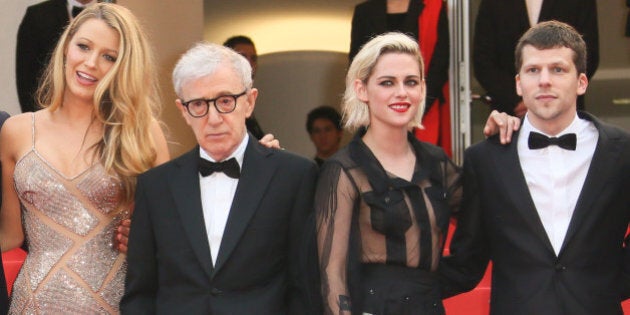 CANNES, FRANCE - MAY 11: Director of photography Vittorio Storaro, actor Corey Stoll, actress Blake Lively, director Woody Allen, actress Kristen Stewart and actor Jesse Eisenberg attend the 'Cafe Society' premiere and the Opening Night Gala during the 69th annual Cannes Film Festival at the Palais des Festivals on May 11, 2016 in Cannes, France. (Photo by Tony Barson/FilmMagic)