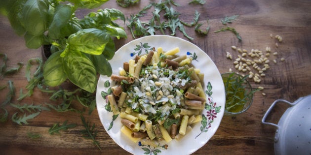 basil, pine nuts, rocket salad, macaroni, parmesan