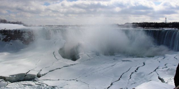 ONTARIO, CANADA- MARCH 10:A view of the Niagara Falls frozen over due to the extreme cold weather, Canada, North America, on March 10, 2014. The Polar Vortex brought record cold temperatures from Kansas to Maine. The views attract attention by many photographers and tourists. (Photo by Seyit Aydogan/Anadolu Agency/Getty Images)
