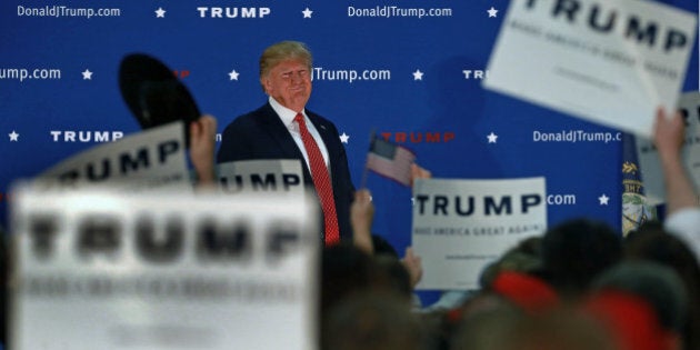 NASHUA, NH - DECEMBER 28: Republican presidential candidate Donald Trump held a campaign rally at the Pennichuck Middle School in Nashua, New Hampshire on Monday night, Dec. 28, 2015. (Photo by Jim O'Sullivan/The Boston Globe via Getty Images)