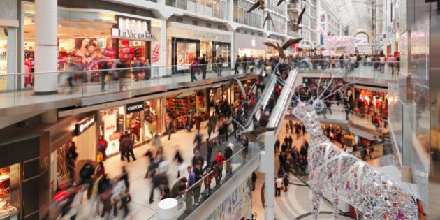 Eaton Centre largest shopping mall in downtown Toronto full of people on Boxing day in 2011. Ontario, Canada.