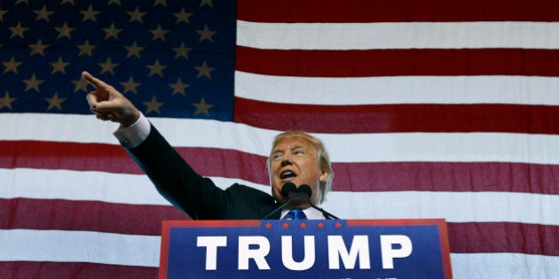 MESA, AZ - DECEMBER 16: Republican presidential candidate Donald Trump speaks to guest gathered during a campaign event at the International Air Response facility on December 16, 2015 in Mesa, Arizona. Trump is in Arizona the day after the Republican Presidential Debate hosted by CNN in Las Vegas, Nevada. (Photo by Ralph Freso/Getty Images)