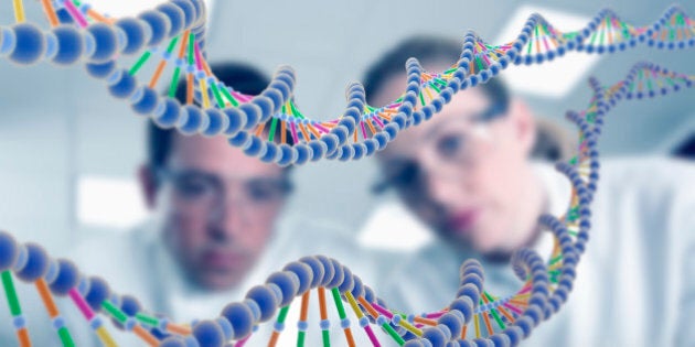 Scientists looking at DNA model