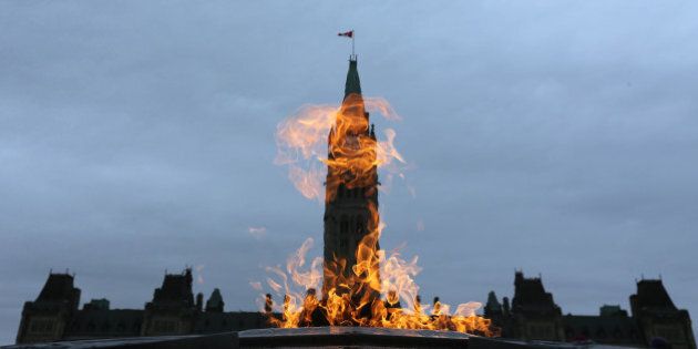 OTTAWA, ON - NOVEMBER 10:The Centennial Flame, lit in 1967 by Lester B. Pearson burns on Parliament Hill. Preparations are under way War Memorial on the eve of Remembrance Day. (Steve Russell/Toronto Star via Getty Images)