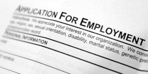 FILE - This April 22, 2014, file photo shows an employment application form on a table during a job fair at Columbia-Greene Community College in Hudson, N.Y. The Labor Department issues its April 2015 report on job openings and labor turnover on Tuesday, June 9, 2015. (AP Photo/Mike Groll, File)