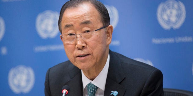 UN, NEW YORK CITY, UNITED STATES - 2015/09/27: Secretary-General Ban Ki-moon during a press briefing on Climate Change at UN Headquarters in New York. (Photo by Luiz Rampelotto/Pacific Press/LightRocket via Getty Images)