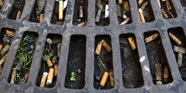 Cigarette butts are seen in a tree grille on January 13, 2012 in a Paris street. A Paris law will ban next summer smokers from throwing their butt in Paris streets at the risk of paying a fine of 35 euros. Each year 350 million cigarette butts are thrown on public highway, which represents 315 tons of wastes . AFP PHOTO / JOEL SAGET (Photo credit should read JOEL SAGET/AFP/Getty Images)