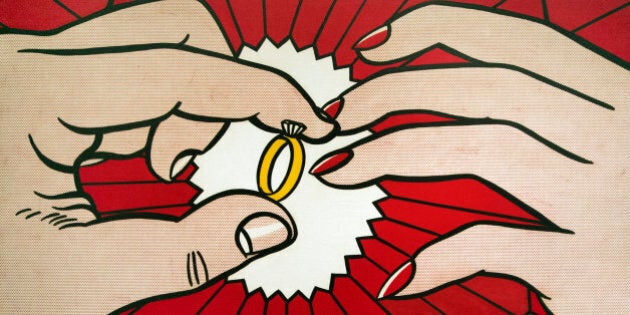 The Ring (Engagement), a 1962 oil on canvas, by the late artist Roy Lichtenstein, is displayed during the preview of Lichtenstein's first major exhibition since his death, Tuesday, Oct. 9, 2012, at the National Gallery of Art in Washington. (AP Photo/Manuel Balce Ceneta)