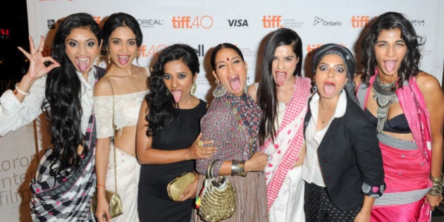 TORONTO, ON - SEPTEMBER 18: Cast attends premiere of 'Angry Indian Godesses' at the 2015 Toronto International Film Festival, L-R Pavleen Gujral, Sarah-Jane Dias, Tannishtha Chatterjee, Sandhya Mridul, Amrit Maghera, Rajshri Deshpande and Anushka Manchanda at The Elgin on September 18, 2015 in Toronto, Canada. (Photo by Ernesto Distefano/Getty Images)