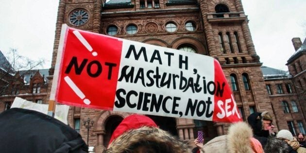 TORONTO, ON - FEBRUARY 24: Protesters rally against Ontario's new sex education curriculum outside Queen's Park. (Andrew Francis Wallace/Toronto Star via Getty Images)