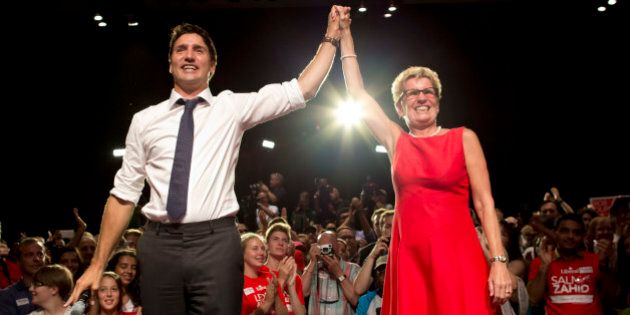 TORONTO, ON - AUGUST 17: Premier Kathleen Wynne joined Liberal Party of Canada leader Justin Trudeau for an election rally in Toronto Centre Monday night. (Lucas Oleniuk/Toronto Star via Getty Images)