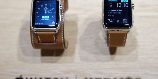 The new Apple Watch with a Hermes band is displayed following an Apple event Wednesday, Sept. 9, 2015, in San Francisco. Apple staked a new claim to the living room on Wednesday, as the maker of iPhones and other hand-held gadgets unveiled an Internet TV system that's designed as a beachhead for the tech giant's broader ambitions to deliver a wide range of information, games, music and video to the home. (AP Photo/Eric Risberg)