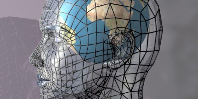 A globe within a transparent head, perhaps representing the potential of the mind, intellect or psyche. 3d abstract render.