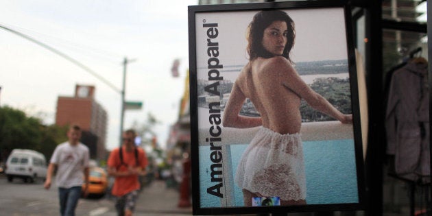 NEW YORK - AUGUST 18: An advertisment for an American Apparel retail store is displayed on August 18, 2010 in New York City. Shares of American Apparel have fallen 67 percent this year following news from the casual retailer that it expects a net loss of up to $7 million and that it has received a federal subpoena over its change in accounting firms. (Photo by Spencer Platt/Getty Images)