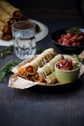 Cheesy Beef And Sweet Potato Taquitos And Rosemary Pomegranate Salsa