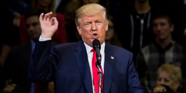 Republican presidential nominee Donald Trump speaks during a rally at Mohegan Sun Arena in Wilkes-Barre, Pennsylvania on October 10, 2016. / AFP / DOMINICK REUTER (Photo credit should read DOMINICK REUTER/AFP/Getty Images)