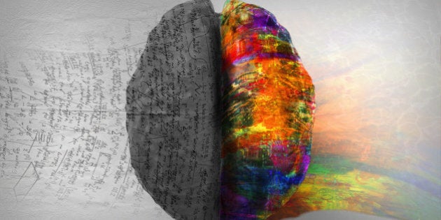 Top down view of human brain depicting left side right side differences. The right side shows creative, music and art while the left side shows calculation, numbers and mathematics.