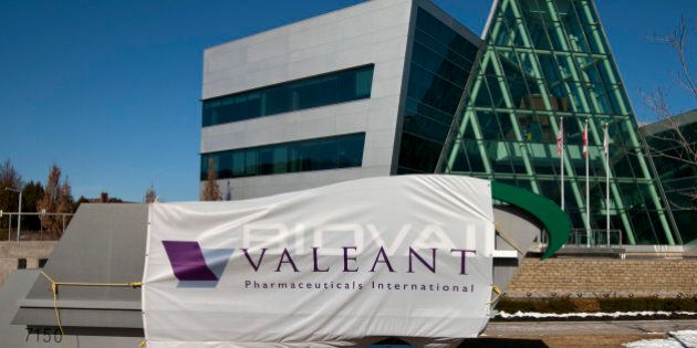 Valeant Pharmaceuticals International Inc. signage is displayed outside of the company's headquarters in Mississauga, Ontario, Canada, on Wednesday, March 30, 2011. Cephalon Inc. surged 28 percent to $75.20 in Nasdaq trading, higher than a hostile takeover bid from Valeant, Canada's largest drugmaker. Valeant Pharmaceuticals International Inc. made its cash offer of about $5.7 billion, or $73 a share, public last night after its private approaches were rejected, the company said. Photographer: Norm Betts/Bloomberg via Getty Images