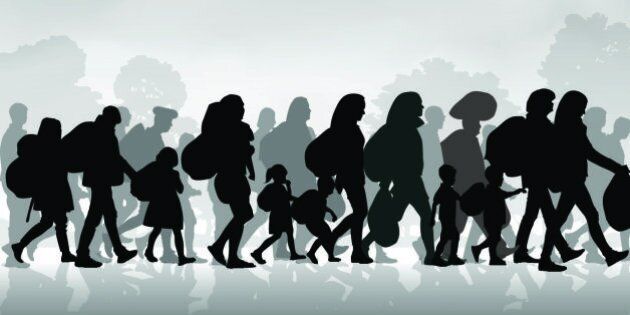 Silhouettes of refugees people searching new homes or life due to persecution. Vector illustration