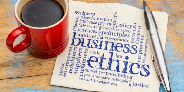 business ethics word cloud - handwriting on a napkin with cup of coffee