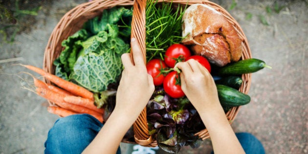 Hands of a girl putting freshly harvested vegetable in a basket