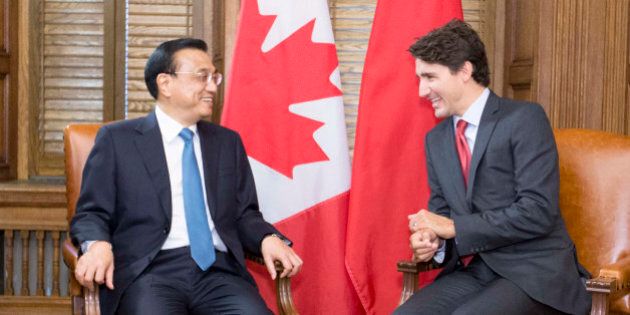 OTTAWA, Sept. 22, 2016: Chinese Premier Li Keqiang (L) holds talks with his Canadian counterpart Justin Trudeau in Ottawa, Canada, Sept. 22, 2016. (Xinhua/Huang Jingwen via Getty Images)