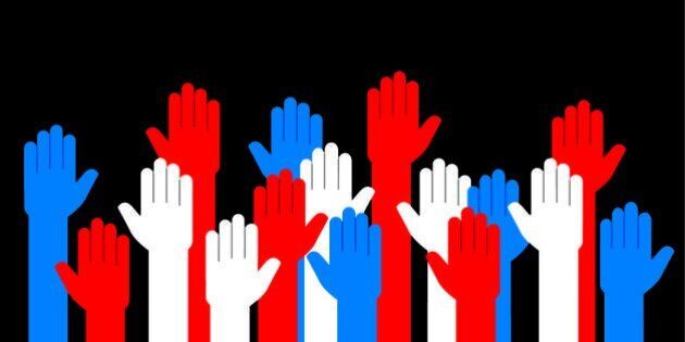 Vector illustration of raised up hands in red white and blue.