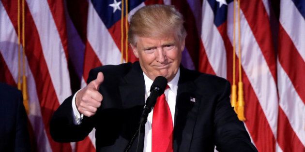 U.S. President-elect Donald Trump gestures as he speaks at election night rally in Manhattan, New York, U.S., November 9, 2016. REUTERS/Mike Segar