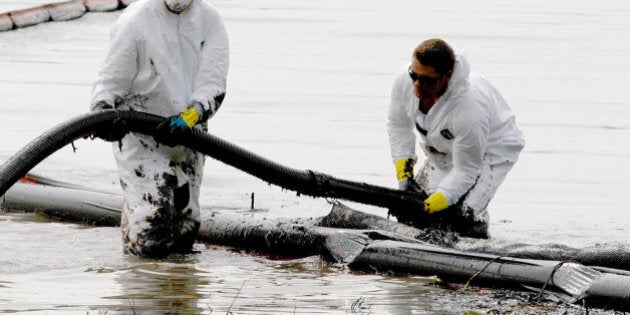 Workers contracted to help clean Lake Wabamun vacuum oil from the surface of the lake, west of Edmonton, August 13, 2005. Alberta is eyeing charges against Canadian National Railway for not telling it that a derailment last week might have contaminated a popular lake with a hazardous chemical, a provincial government official said on Tuesday. REUTERS/Dan Riedlhuber DR/PN