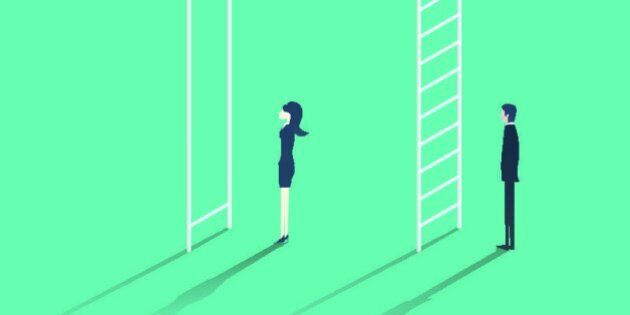 Business woman versus man corporate ladder career concept vector illustration. Gender inequality issue with different opportunities for males and females. Eps10 vector illustration.