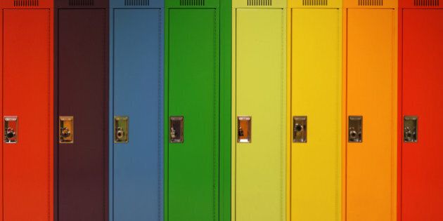 Rainbow of school lockers.