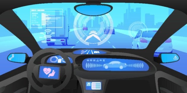 Automobile cockpit, various information monitors and head up displays. autonomous car, driverless car, driver assistance system, ACC(Adaptive Cruise Control), vector illustration