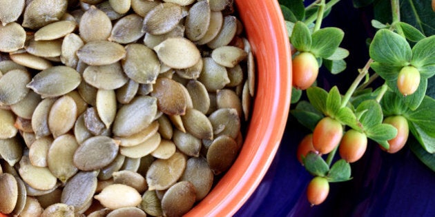 Bowl of freshly roasted pumpkin seeds