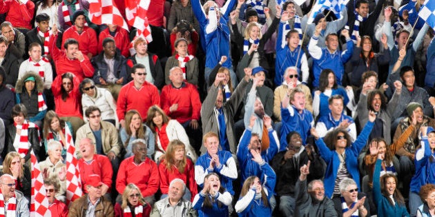 Stadium crowd, one half cheering and waving arms