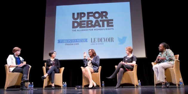 TORONTO, ON - SEPTEMBER 21: Toronto, On- Sep 21, 2015Moderator Laura Payton(left) and panelists Alejandra Bravo, Katherine Hensel, Kate Mcinturff and Angela Robertson participated in the Up For Debate event at the Isabel Bader Theatre. The panelist viewed and commented on a series of interviews from all of the leading candidates in the federal election with the exception of Stephen Harper who declined to participate. (Lucas Oleniuk/Toronto Star via Getty Images)