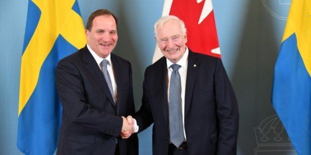 STOCKHOLM, SWEDEN - FEBRUARY 20: Governor General of Canada, David Lloyd Johnston (R) meets with Swedish Prime Minister Stefan Lofven (L) during his official visit in Stockholm, Sweden on February 20, 2017. (Photo by Atila Altuntas/Anadolu Agency/Getty Images)