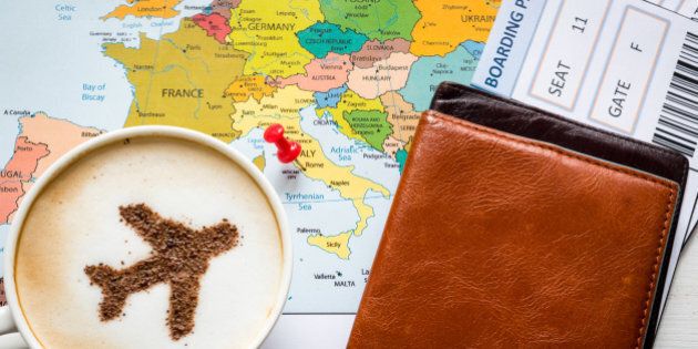 Europe map and airplane in cappuccino (made of cinnamon). Travel concept. Travel agency
