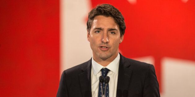Halifax, Canada - September 20, 2015: Liberal Party of Canada leader Justin Trudeau speaks to a large crowd gathered at Pier 21.