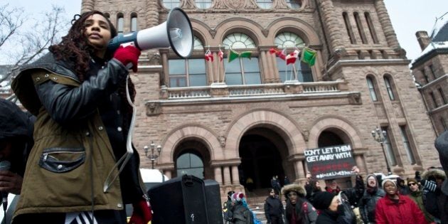 TORONTO, ON - APR. 4: The Black Lives Matter demonstration travelled to Ontario's Parliament building from Toronto Police Headquarters Monday. (Lucas Oleniuk/Toronto Star via Getty Images)