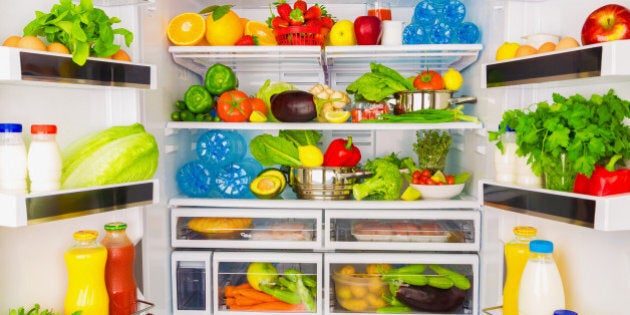 Open fridge full of fresh fruits and vegetables, healthy food background, organic nutrition, health care, dieting concept