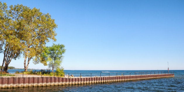 Marie Curtis Park lookoout pier and Etobicoke waterfront with Lake Ontario in the background