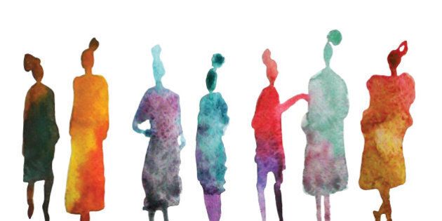 Colorful silhouettes of people. Watercolor background with silhouette of women. Stylish silhouette.