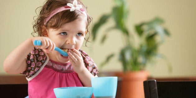 A little toddler girl shoving cheerios in her mouth.