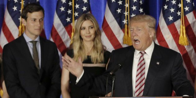Republican U.S. presidential candidate Donald Trump speaks as his son-in-law Jared Kushner (L), daughter Ivanka listen at a campaign event at the Trump National Golf Club Westchester in Briarcliff Manor, New York, U.S., June 7, 2016. REUTERS/Mike Segar/File Photo