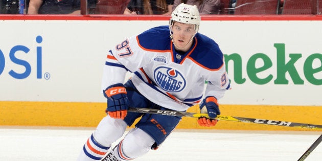 GLENDALE, AZ - MARCH 22: Connor McDavid #97 of the Edmonton Oilers skates up ice against the Arizona Coyotes at Gila River Arena on March 22, 2016 in Glendale, Arizona. (Photo by Norm Hall/NHLI via Getty Images)