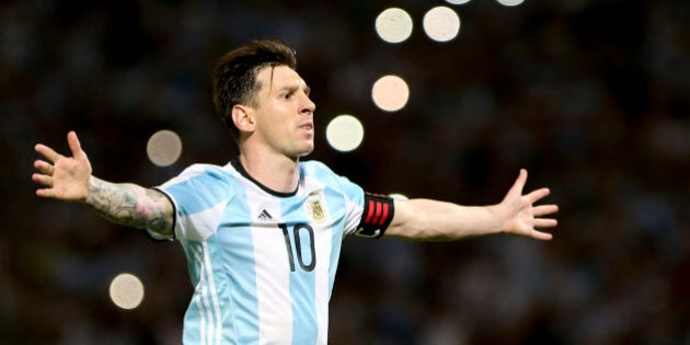 CORDOBA, ARGENTINA - MARCH 29: Lionel Messi of Argentina celebrates after scoring the second goal of his team during a match between Argentina and Bolivia as part of FIFA 2018 World Cup Qualifiers at Mario Alberto Kempes Stadium on March 29, 2016 in Cordoba, Argentina. (Photo by Daniel Jayo/LatinContent/Getty Images)