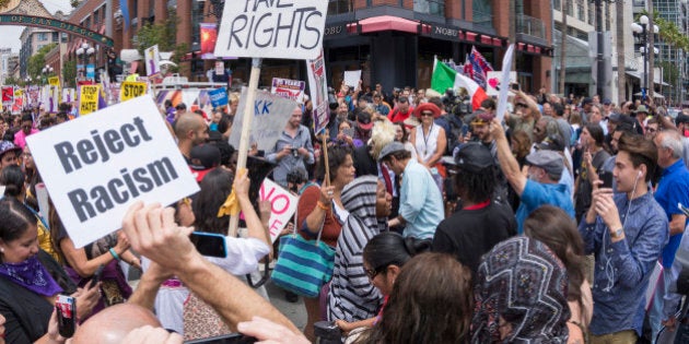 San Diego, California, USA - May 27, 2016: Hundreds of protesters gather in the Gaslamp area to display their thoughts about Donald Trump's presidential campaign at an anti-Trump demonstration.