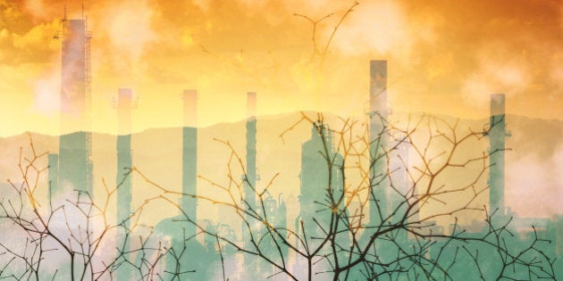 Industrial pollution nature disaster concept, double exposure.