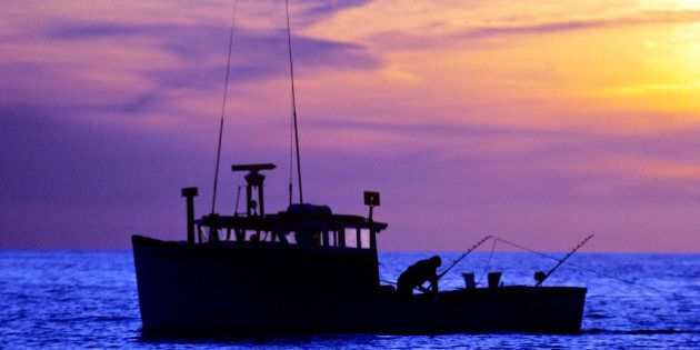 Fisherman checks fishing rods aboard Tuna boat at sunset, North Lake, Prince Edward Island, Canada.