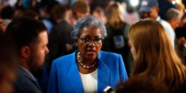 Donna Brazile, the acting Chair of the Democratic National Committee since the resignation of Debbie Wasserman Schultz, talks to the media on the floor at the Democratic National Convention in Philadelphia, Pennsylvania, U.S. July 25, 2016. REUTERS/Carlos Barria